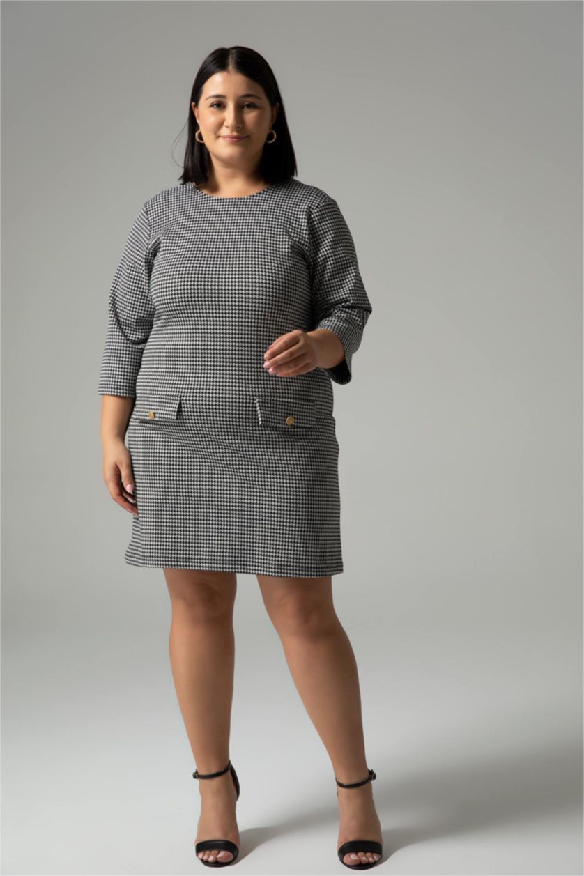 نساء بيج فاتح فستان ميدي كاروهات نص كم قصة A مقاس كبير