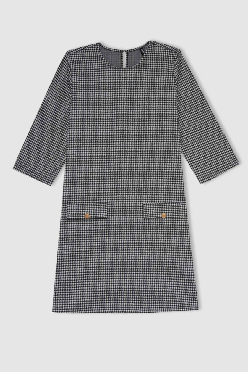 نساء بيج فاتح فستان ميدي كاروهات نص كم قصة A مقاس كبير