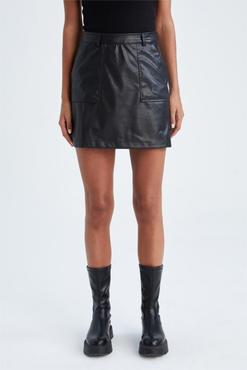 FEMME Noir Jupe En Tricot PU Taille Normale