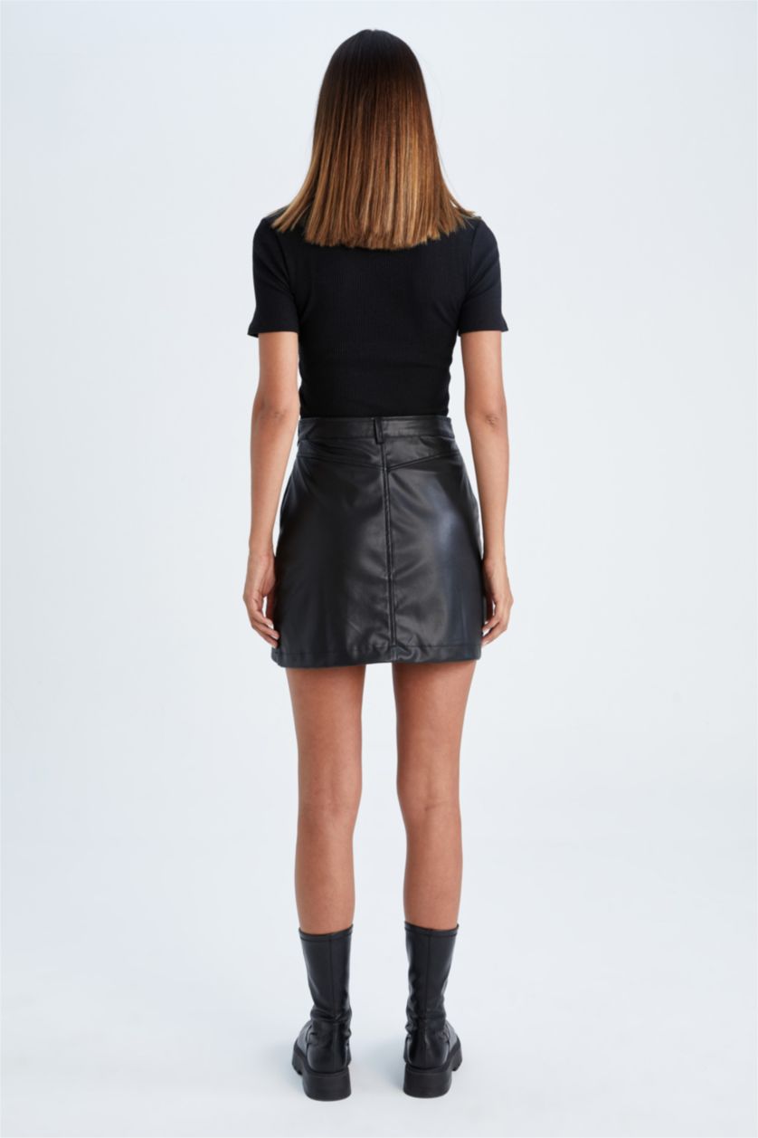 FEMME Noir Jupe En Tricot PU Taille Normale