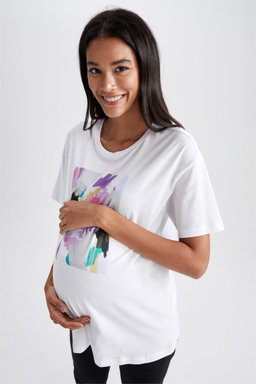 FEMME Blanc T-shirt de Maternité à manches courtes et col rond avec imprimé