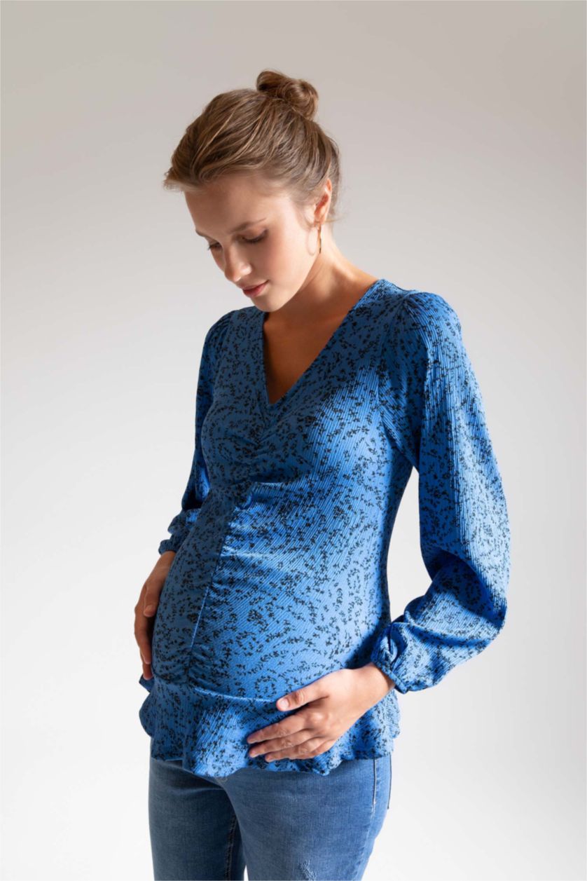 FEMME Bleu Blouse à col en V et manches longues à motif