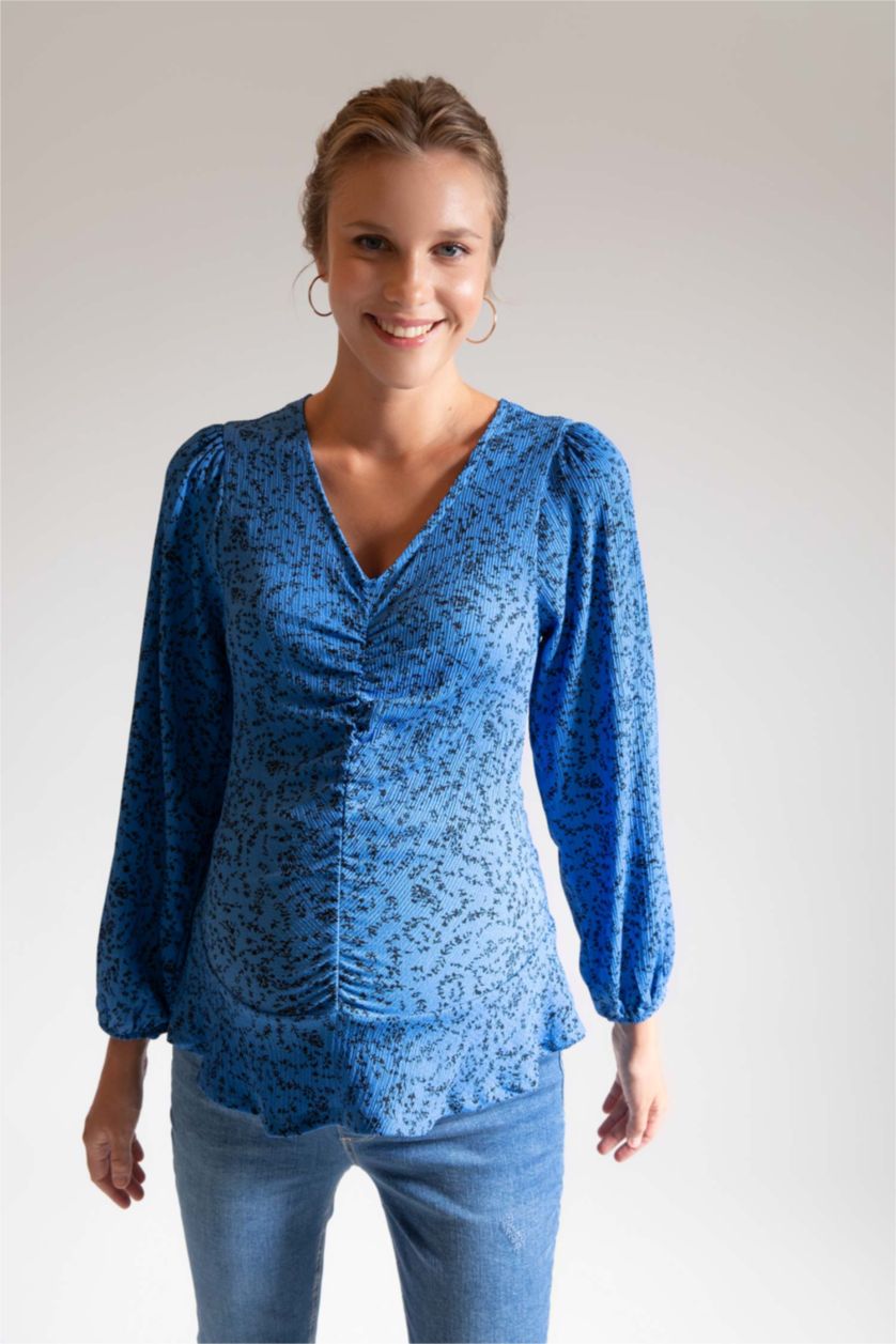 FEMME Bleu Blouse à col en V et manches longues à motif