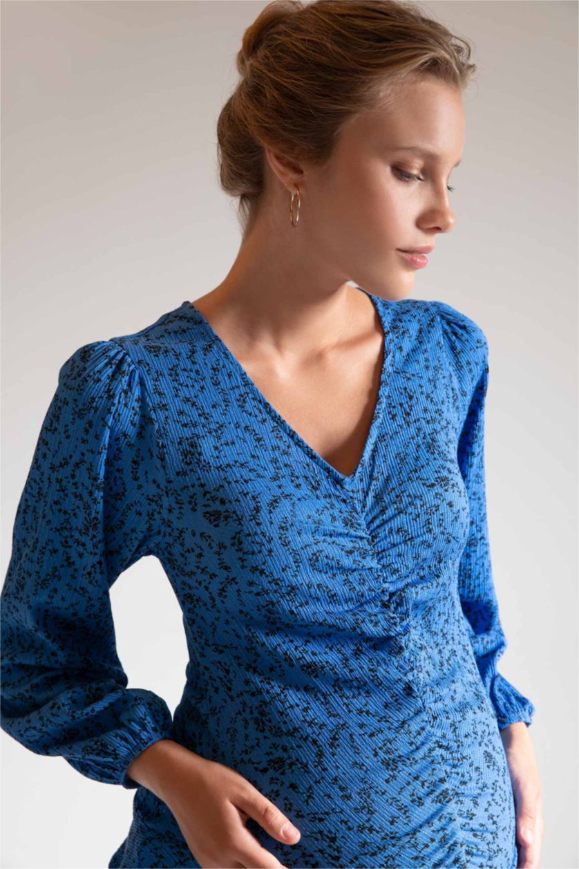 FEMME Bleu Blouse à col en V et manches longues à motif
