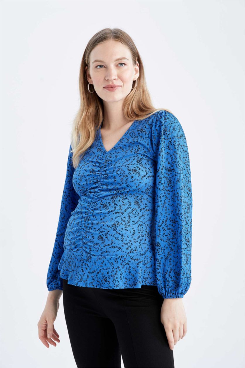 FEMME Bleu Blouse à col en V et manches longues à motif
