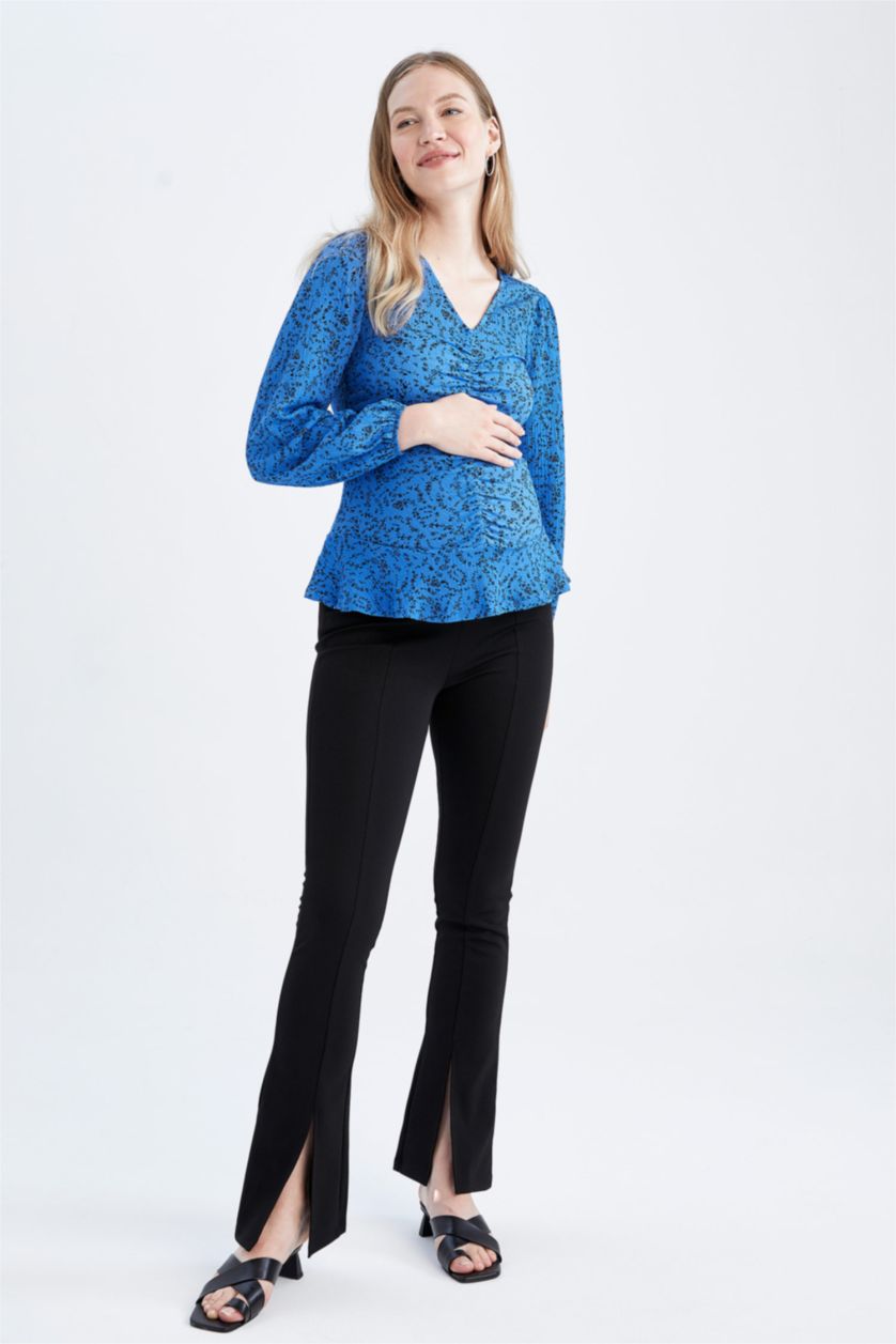FEMME Bleu Blouse à col en V et manches longues à motif