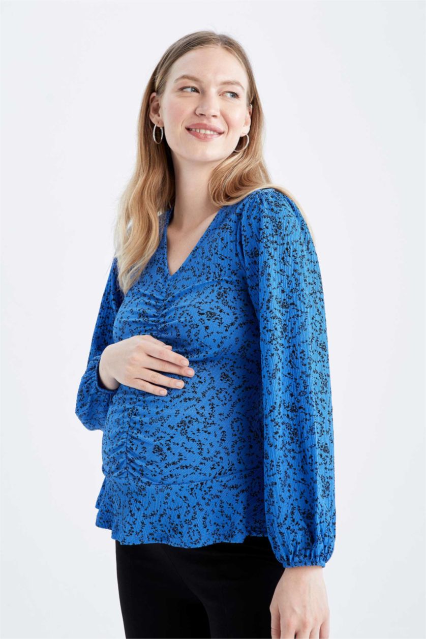 FEMME Bleu Blouse à col en V et manches longues à motif