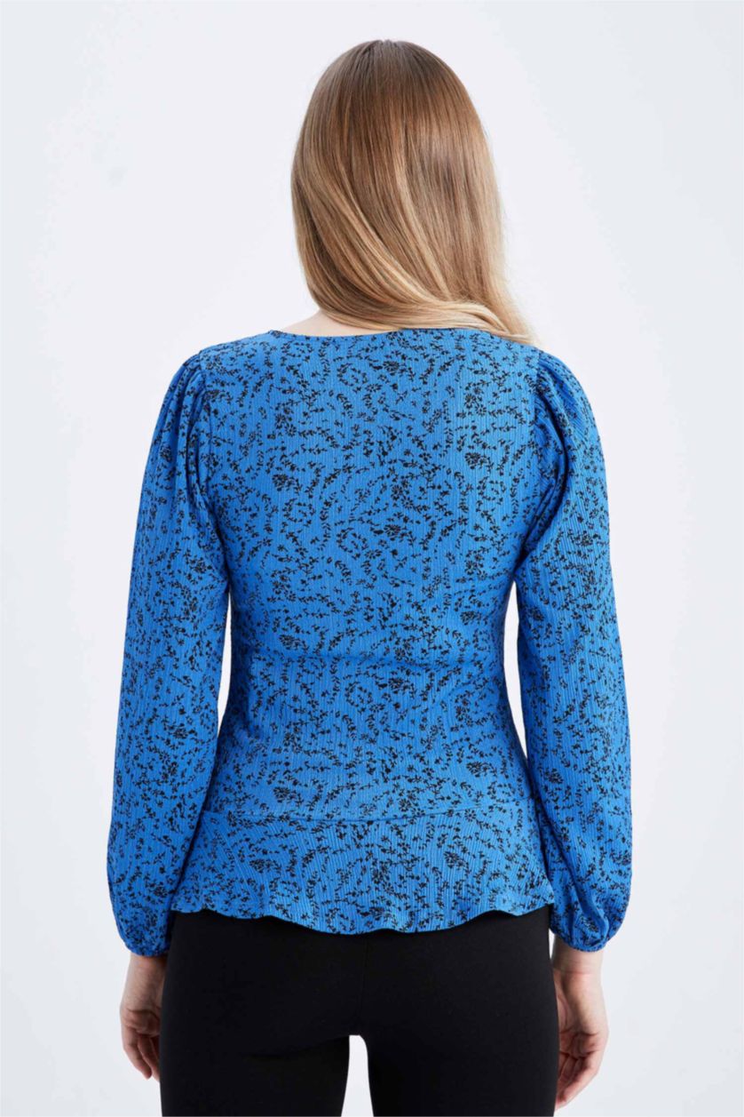 FEMME Bleu Blouse à col en V et manches longues à motif