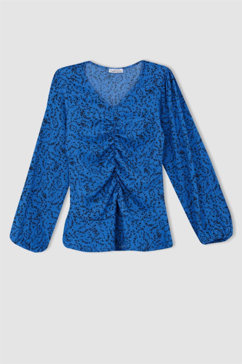 FEMME Bleu Blouse à col en V et manches longues à motif