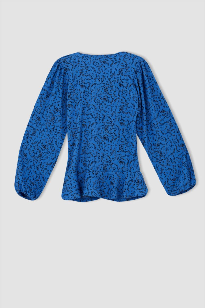 FEMME Bleu Blouse à col en V et manches longues à motif