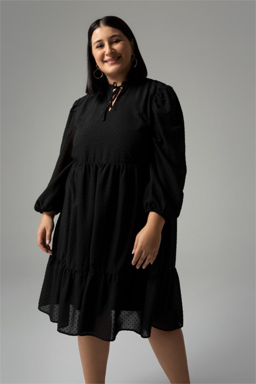 نساء أسود فستان ميدي منقط شيفون قصة A كم بالون مقاس كبير