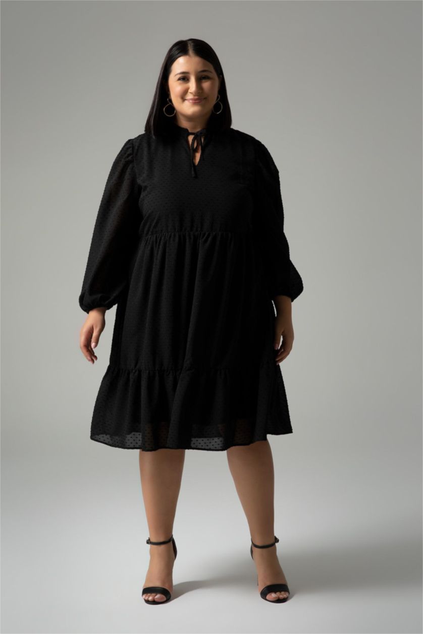 نساء أسود فستان ميدي منقط شيفون قصة A كم بالون مقاس كبير