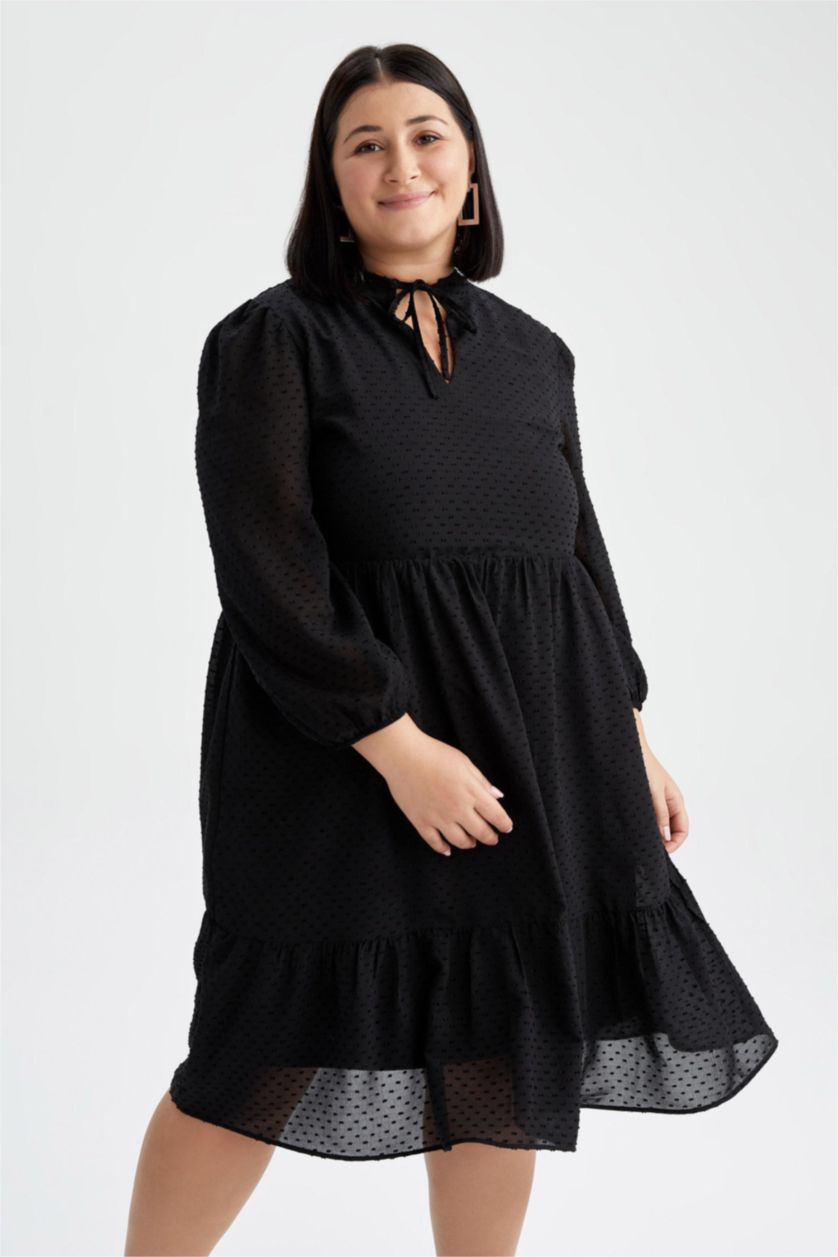 نساء أسود فستان ميدي منقط شيفون قصة A كم بالون مقاس كبير