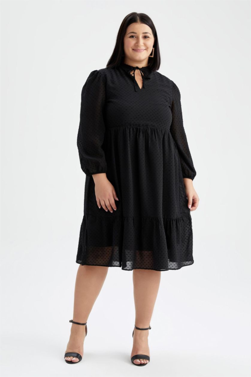 نساء أسود فستان ميدي منقط شيفون قصة A كم بالون مقاس كبير