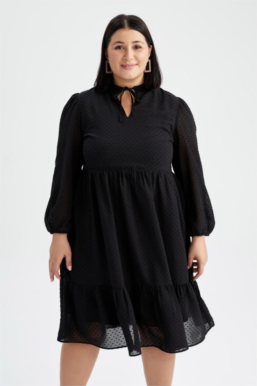 نساء أسود فستان ميدي منقط شيفون قصة A كم بالون مقاس كبير