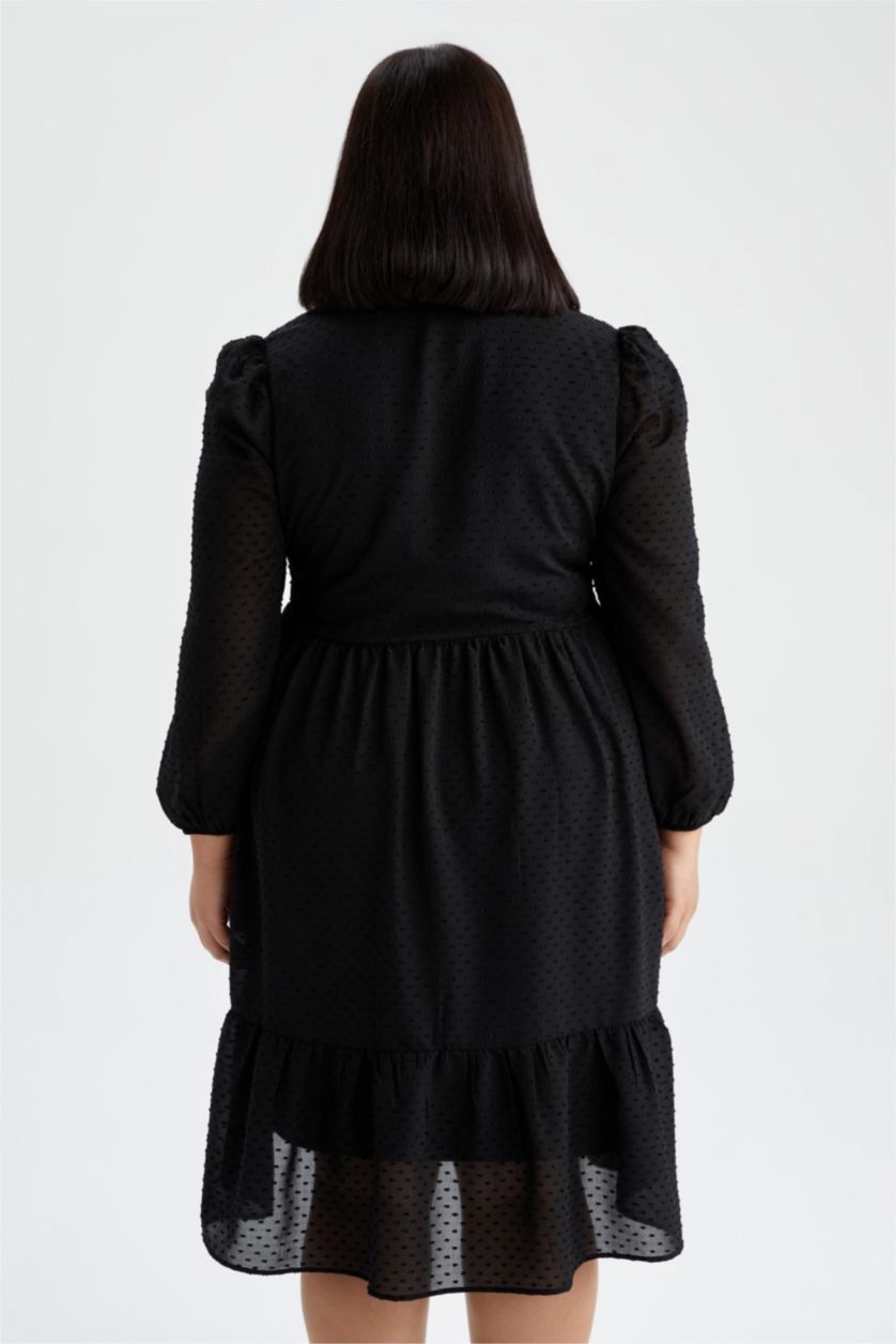 نساء أسود فستان ميدي منقط شيفون قصة A كم بالون مقاس كبير