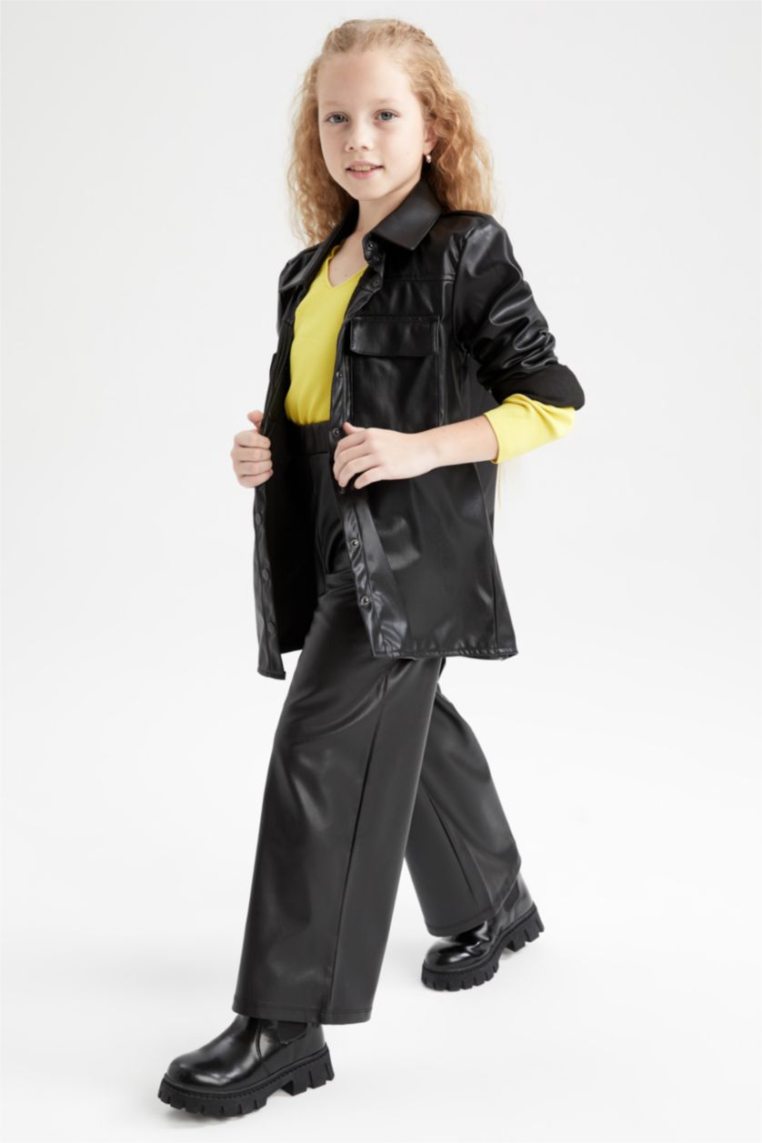 GIRLS & TEENS Black Girl Wide Leg Faux Leather Trousers