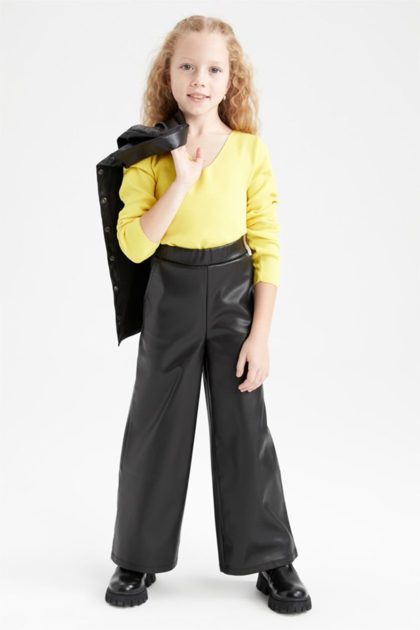 GIRLS & TEENS Black Girl Wide Leg Faux Leather Trousers