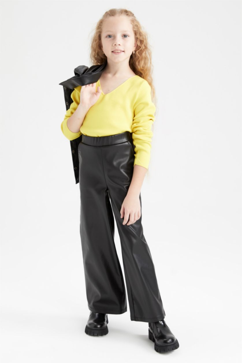 GIRLS & TEENS Black Girl Wide Leg Faux Leather Trousers