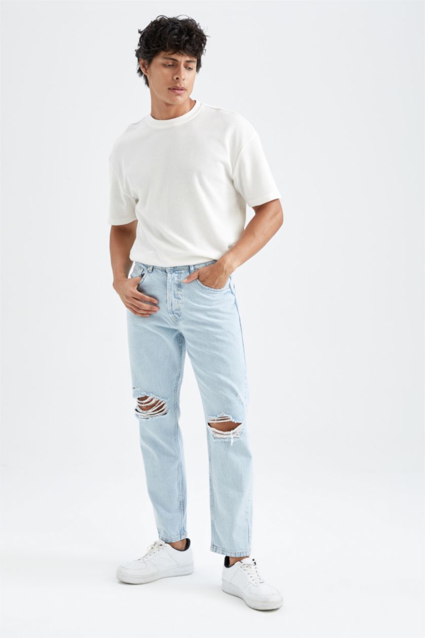 HOMME BLEU Clair Pantalon en jean déchiré coupe slim 90's