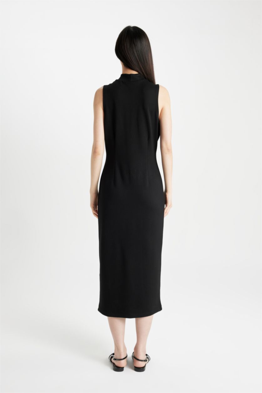 نساء أسود فستان ميدي اسود بوديكون بياخة عالية بدون ردن