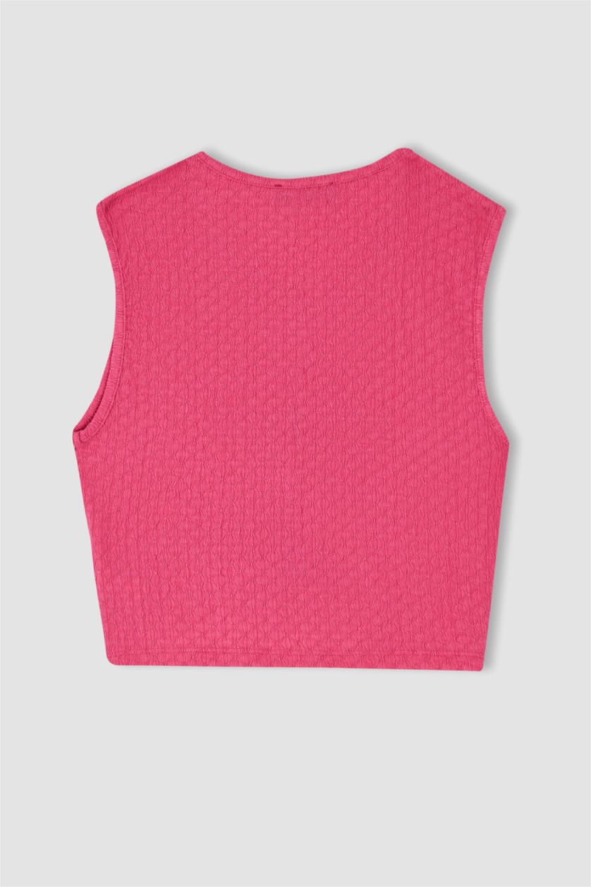 Woman Pink Coool Fitted Crinkle Fabric Tied Crop Singlet