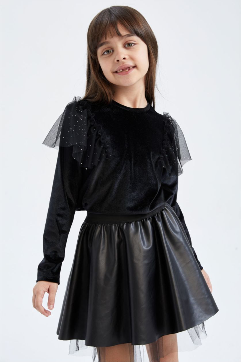 بنات أسود تي شيرت بناتي مخمل بياقة مستديرة و أكمام طويلة