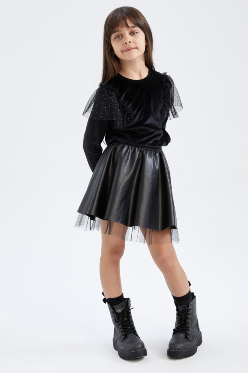 بنات أسود تي شيرت بناتي مخمل بياقة مستديرة و أكمام طويلة