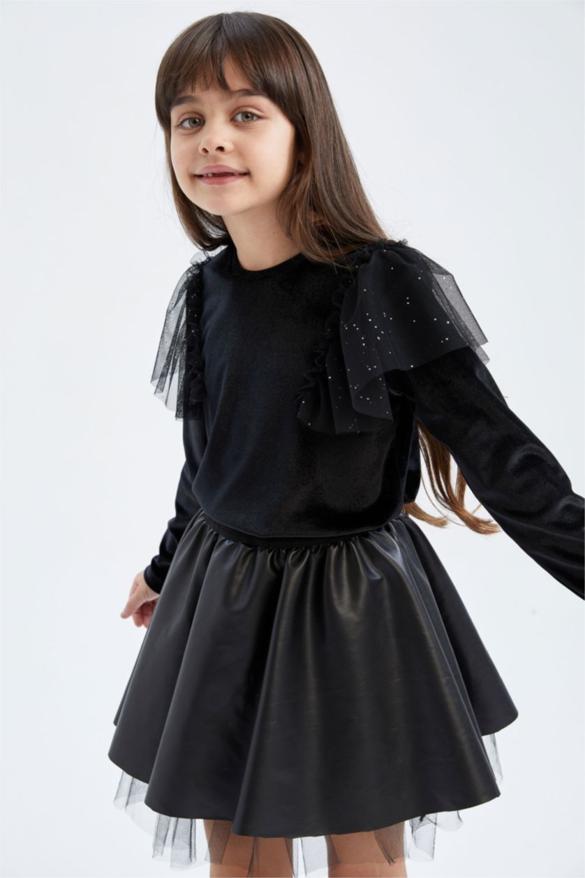 بنات أسود تي شيرت بناتي مخمل بياقة مستديرة و أكمام طويلة