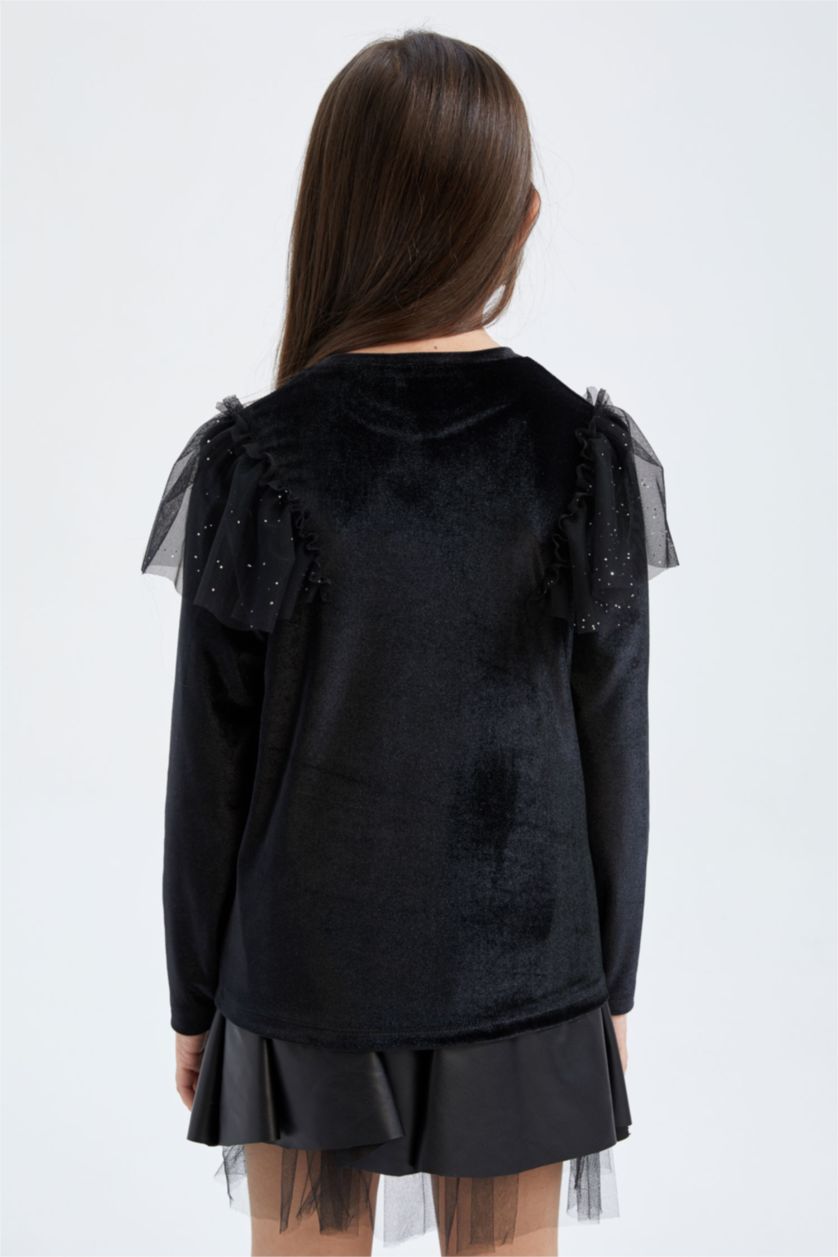 بنات أسود تي شيرت بناتي مخمل بياقة مستديرة و أكمام طويلة