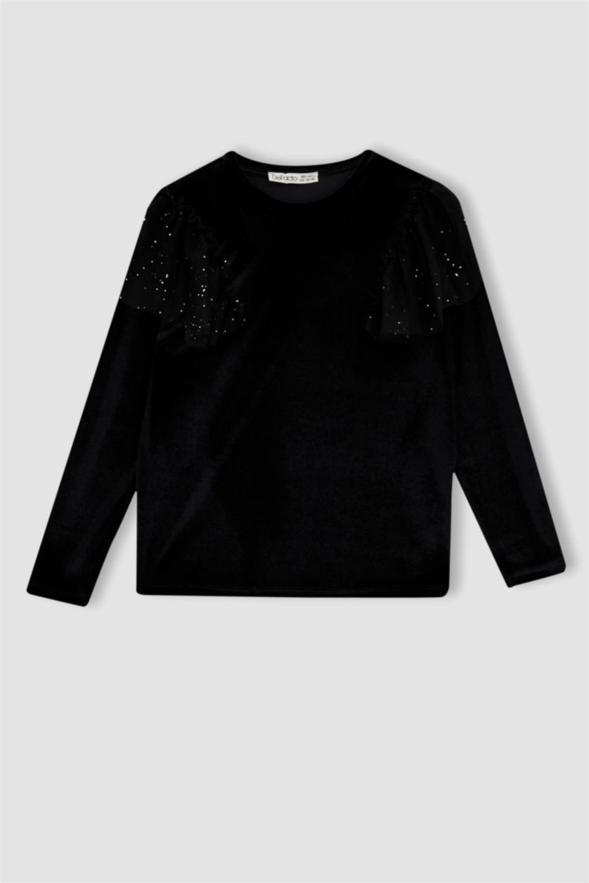 بنات أسود تي شيرت بناتي مخمل بياقة مستديرة و أكمام طويلة