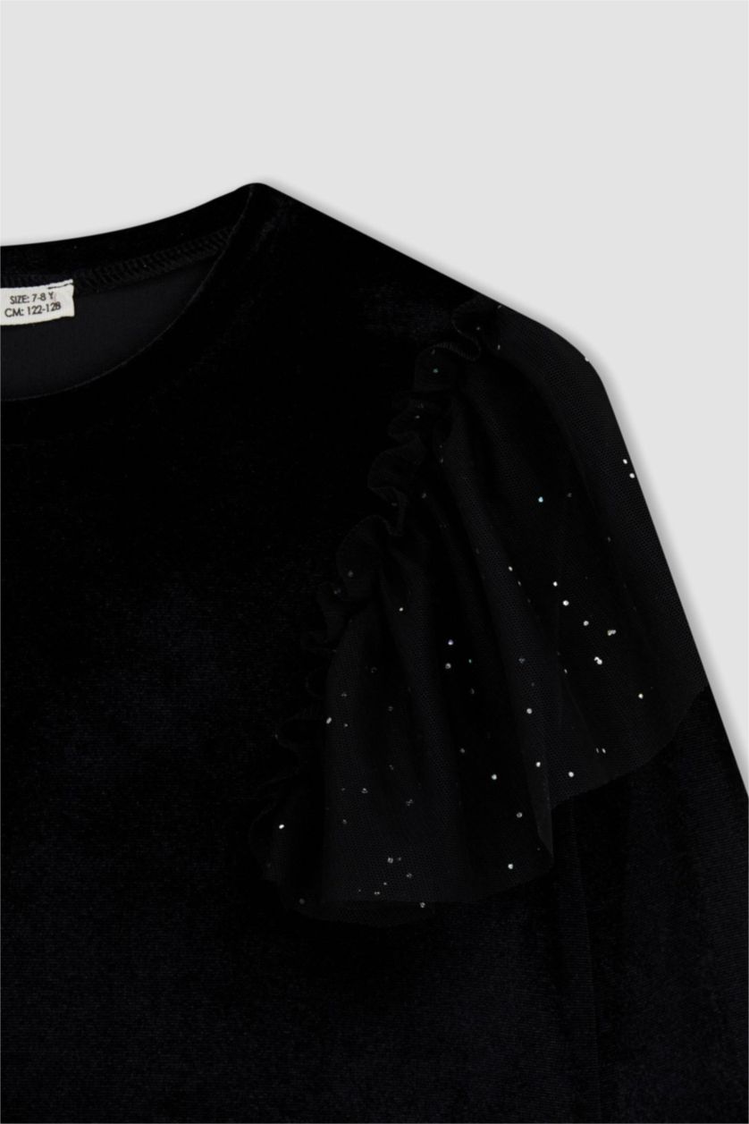 بنات أسود تي شيرت بناتي مخمل بياقة مستديرة و أكمام طويلة