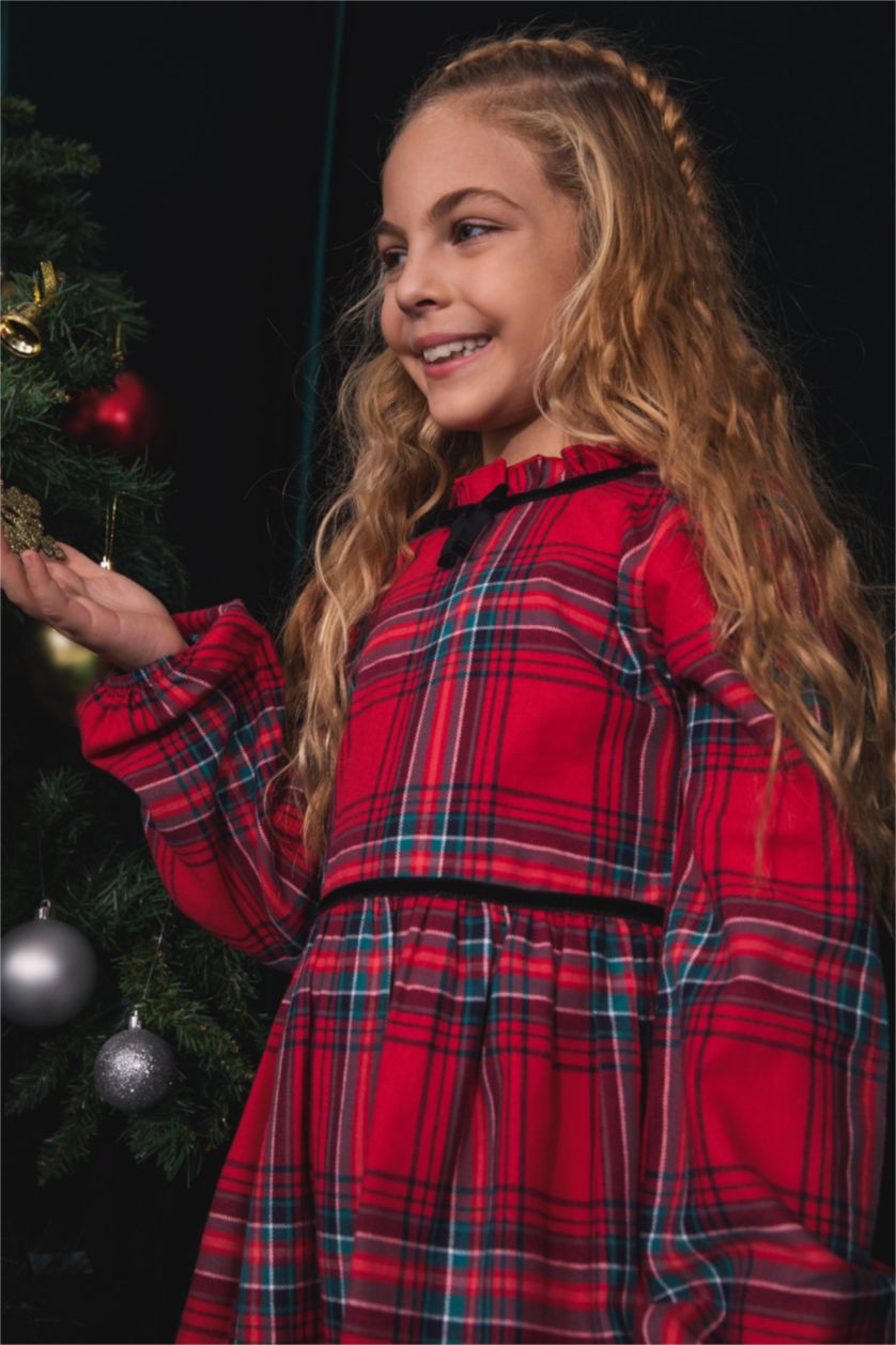 بناتي أحمر فستان بناتي كاروهات كم طويل