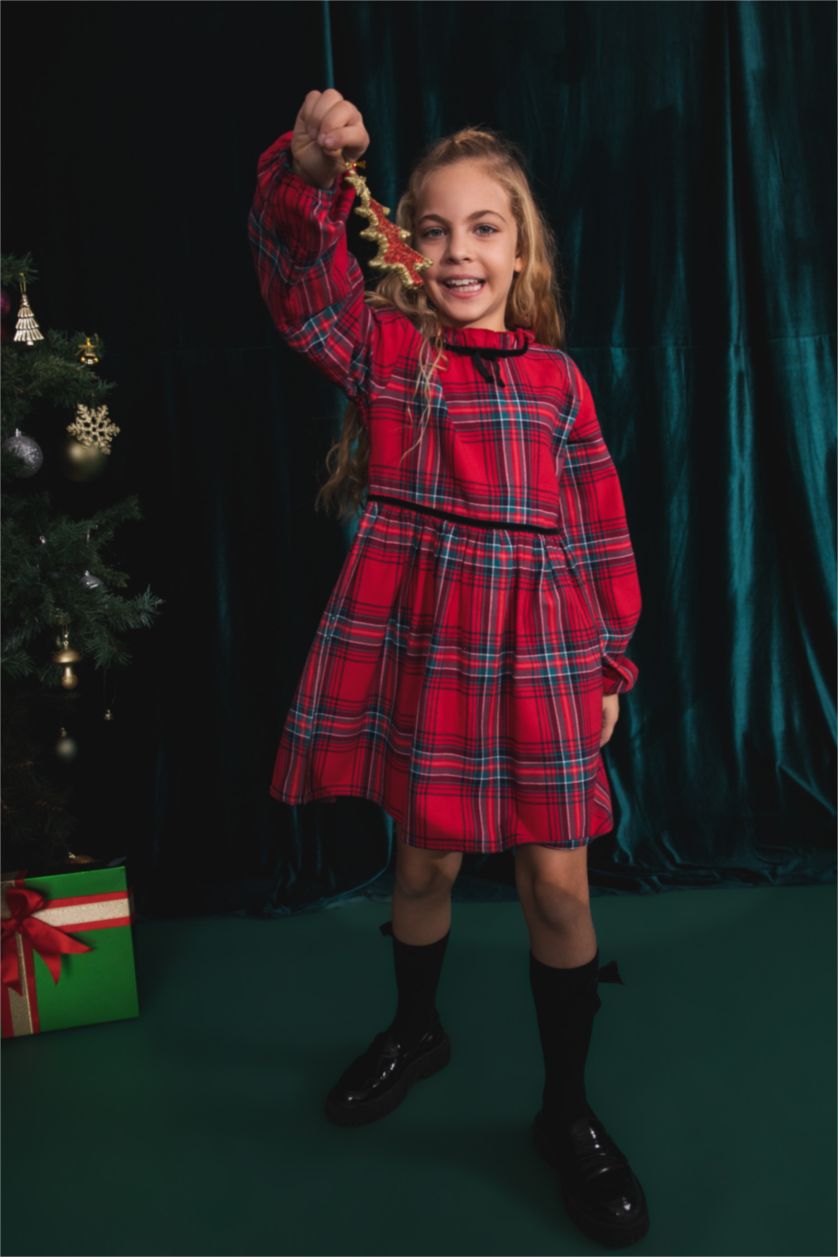 بناتي أحمر فستان بناتي كاروهات كم طويل