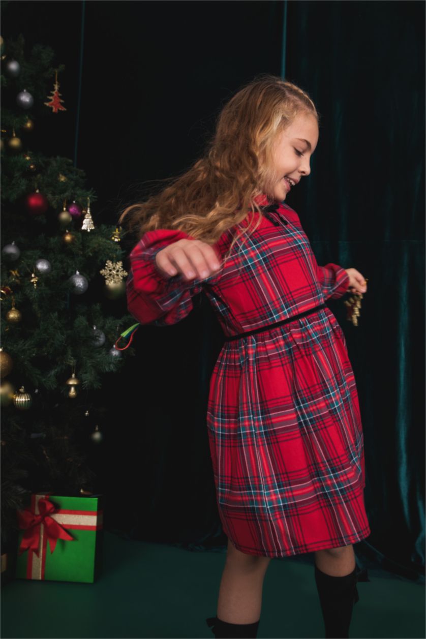 بناتي أحمر فستان بناتي كاروهات كم طويل