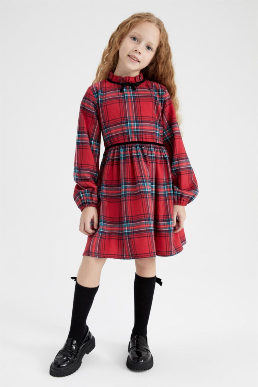 بناتي أحمر فستان بناتي كاروهات كم طويل