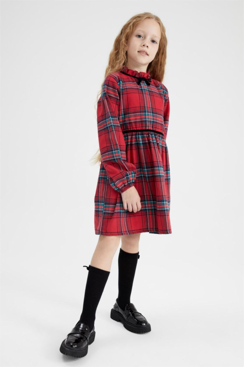 بناتي أحمر فستان بناتي كاروهات كم طويل