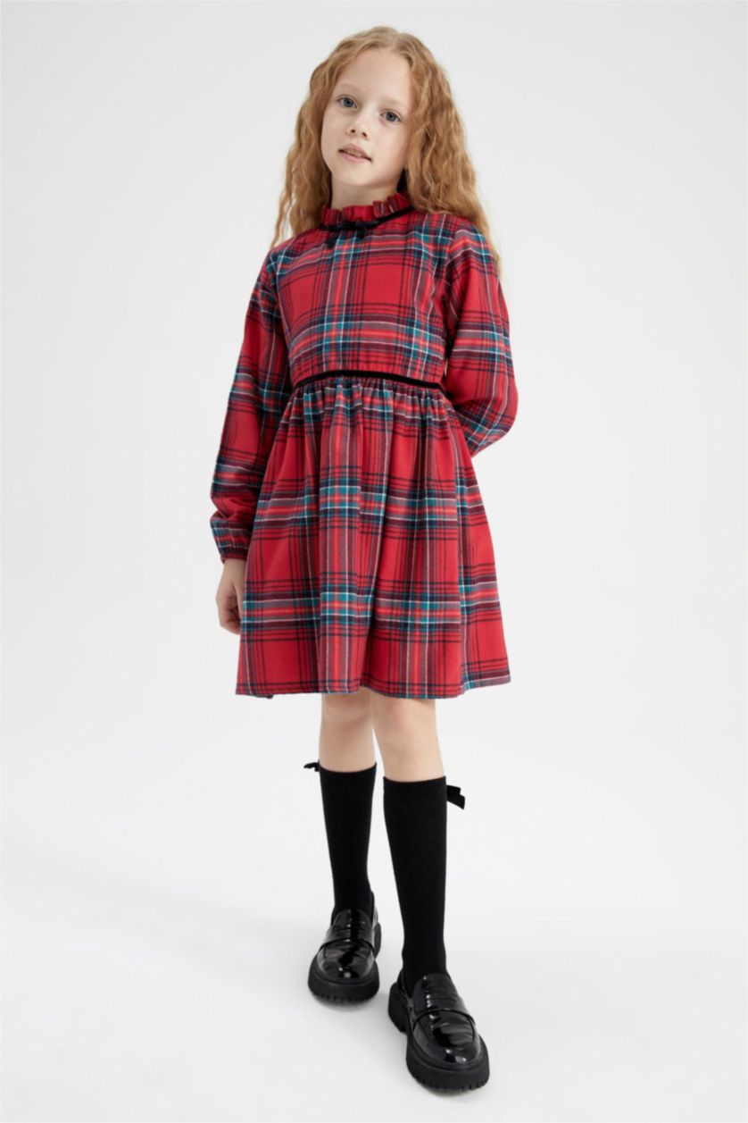 بناتي أحمر فستان بناتي كاروهات كم طويل