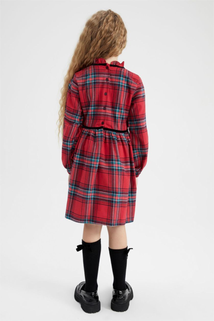 بناتي أحمر فستان بناتي كاروهات كم طويل