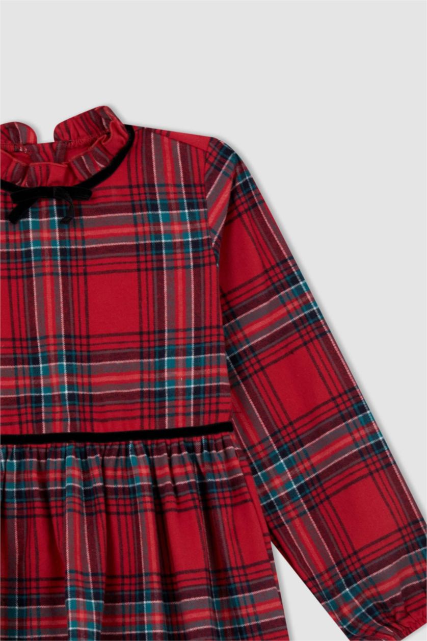 بناتي أحمر فستان بناتي كاروهات كم طويل