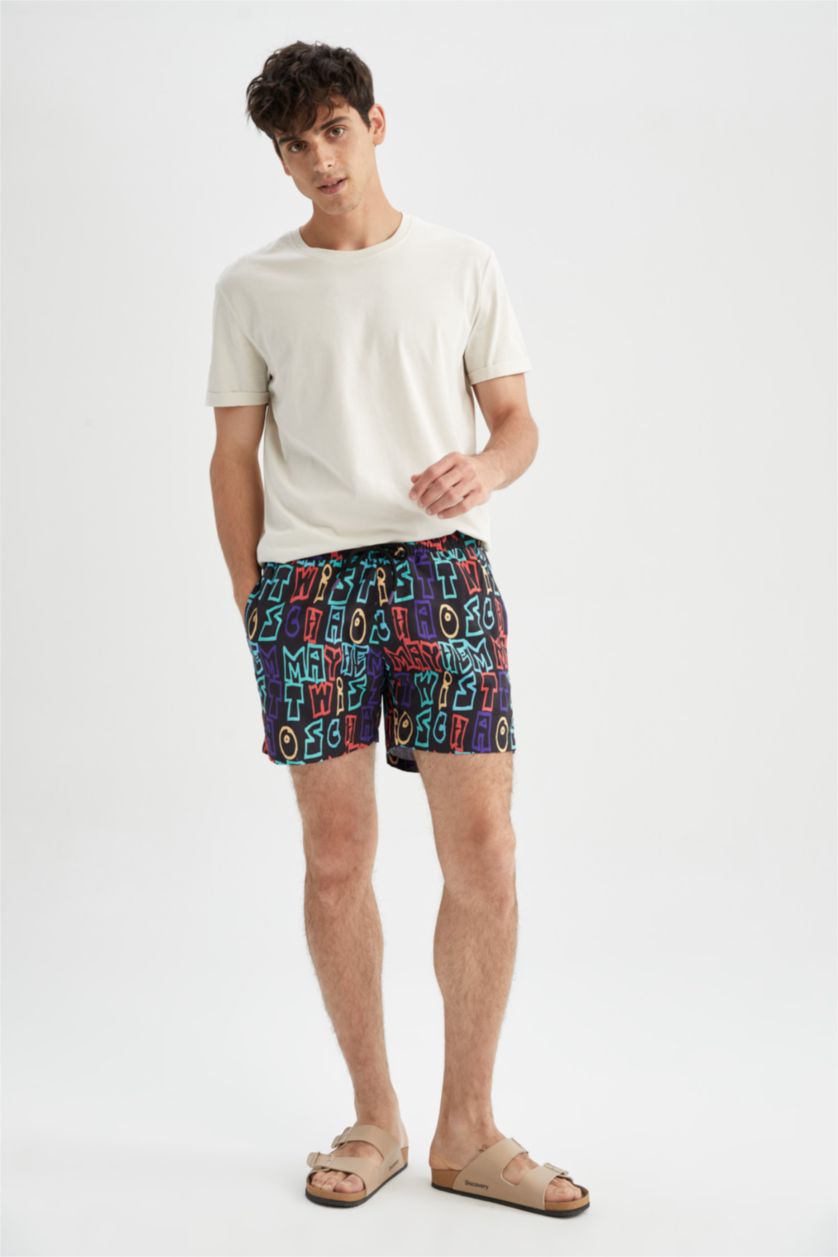 Man Black Short Patterned Swimming Shorts