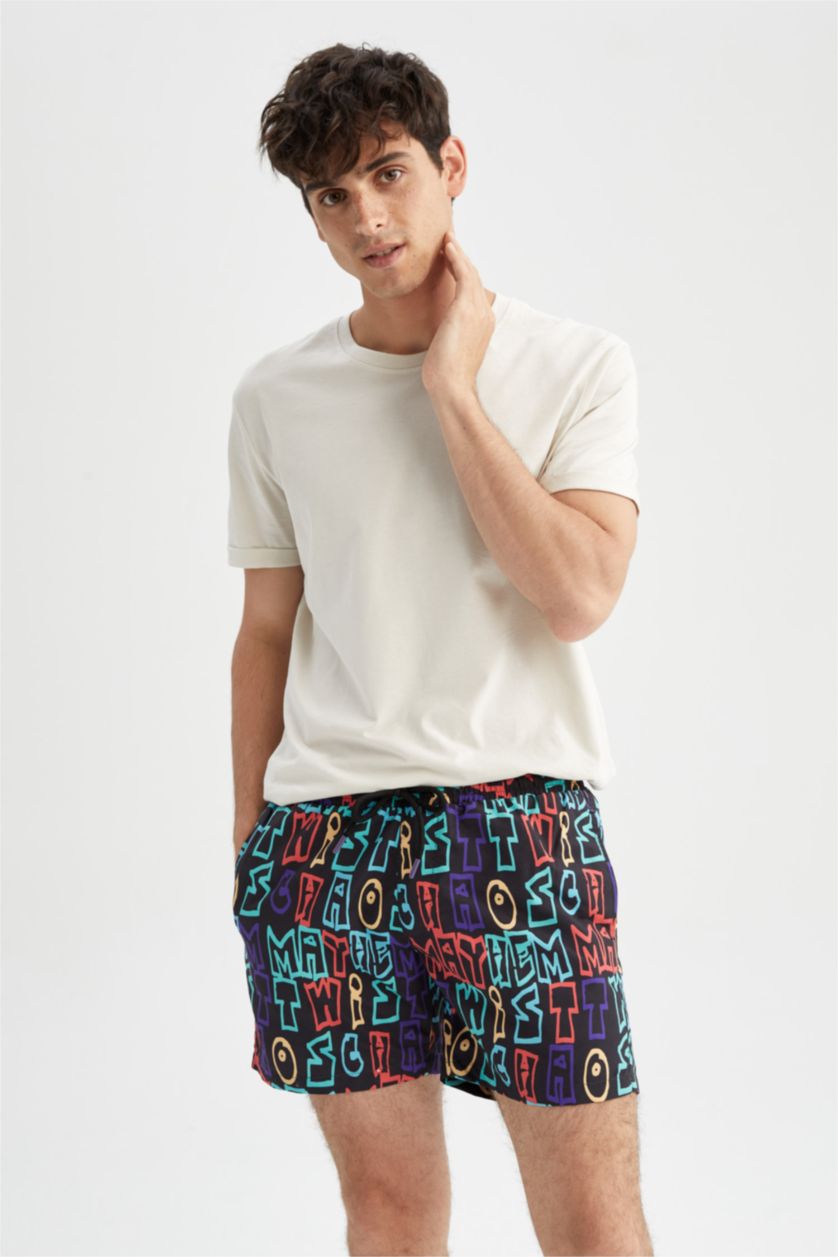Man Black Short Patterned Swimming Shorts