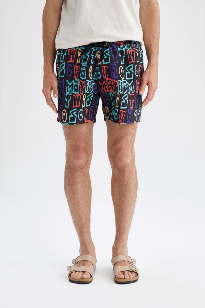 Man Black Short Patterned Swimming Shorts