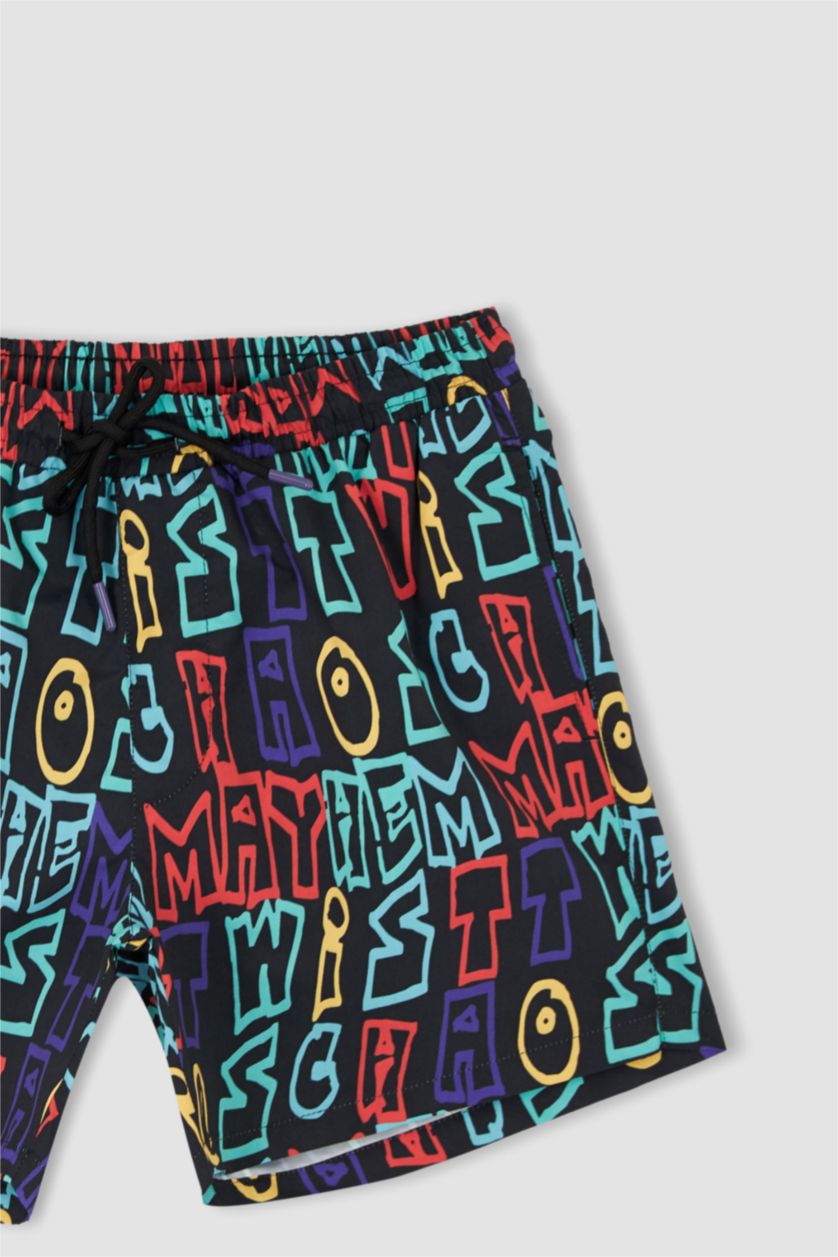 Man Black Short Patterned Swimming Shorts