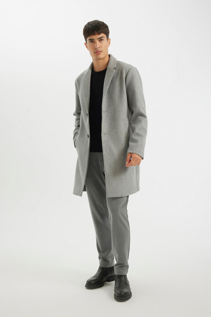 Erkek Gri Melanj Relax Fit Ceket Yaka Düğmeli Cepli Kışlık Kaşe Parka