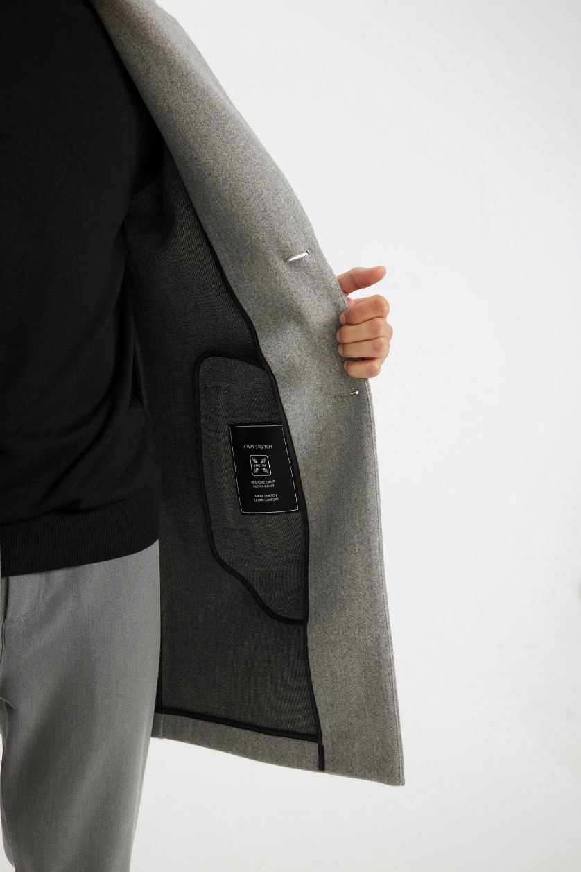 Erkek Gri Melanj Relax Fit Ceket Yaka Düğmeli Cepli Kışlık Kaşe Parka