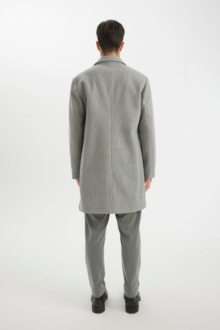 Erkek Gri Melanj Relax Fit Ceket Yaka Düğmeli Cepli Kışlık Kaşe Parka