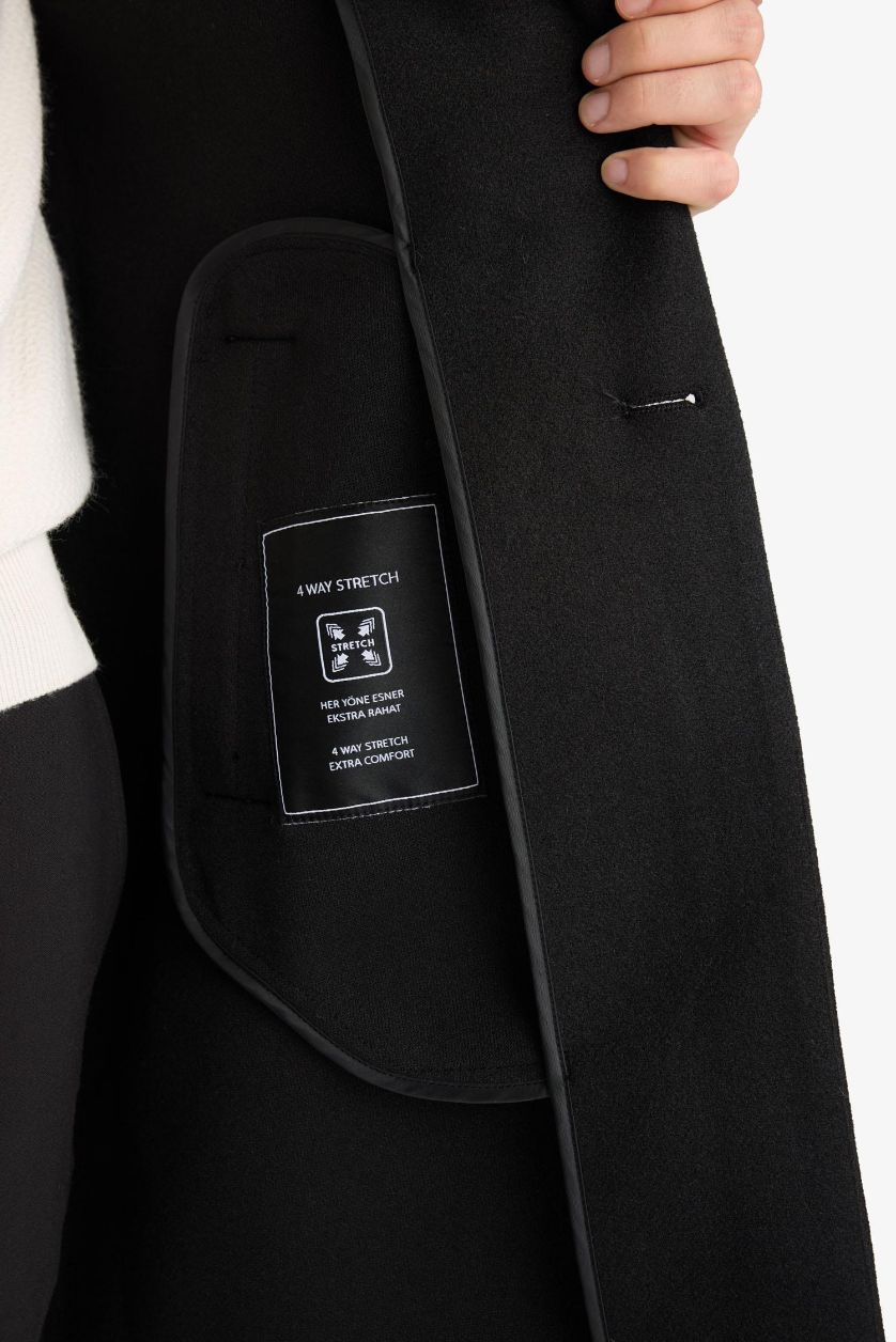 رجالي أسود بالطو جوخ شتوي قصة مريحة بياقة جاكيت