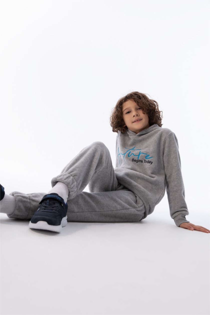 BOYS & TEENS Grey Melange Regular Fit Hooded Sweatshirt
