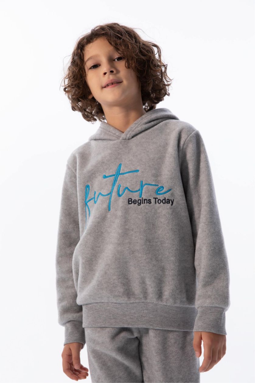 BOYS & TEENS Grey Melange Regular Fit Hooded Sweatshirt